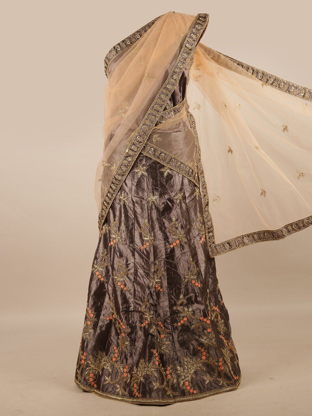 Pothys Peach-Coloured & Brown Embroidered Beads and Stones Unstitched Lehenga & Blouse With Dupatta Price in India