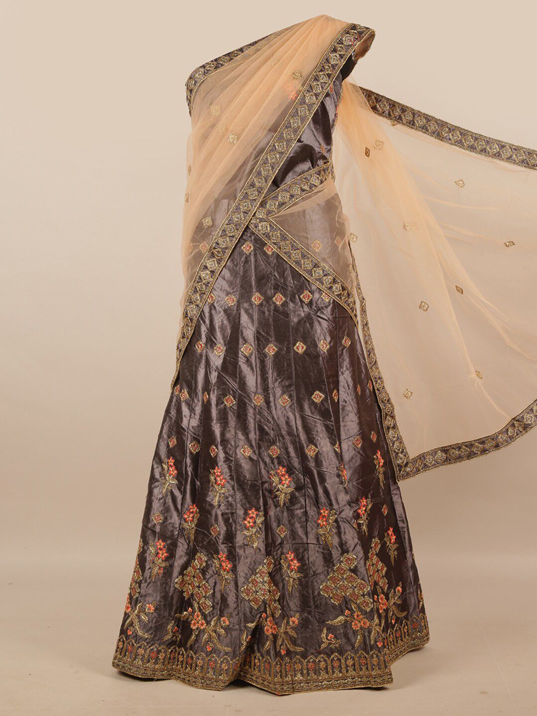 Pothys Women Peach-Coloured & Grey Embroidered Unstitched Lehenga & Blouse With Dupatta Price in India