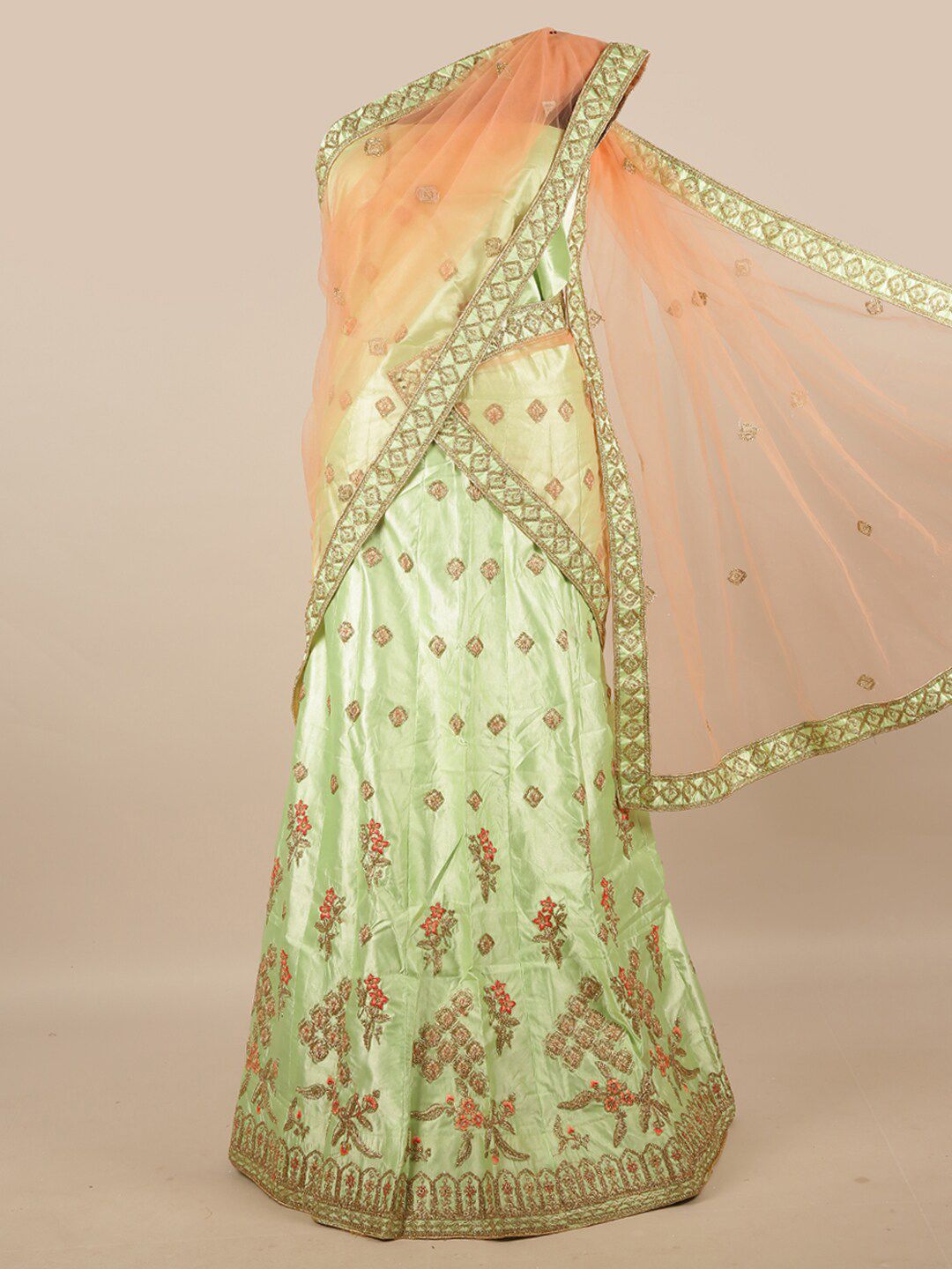 Pothys Peach-Coloured & Green Embroidered Beads and Stones Unstitched Lehenga & Blouse With Dupatta Price in India