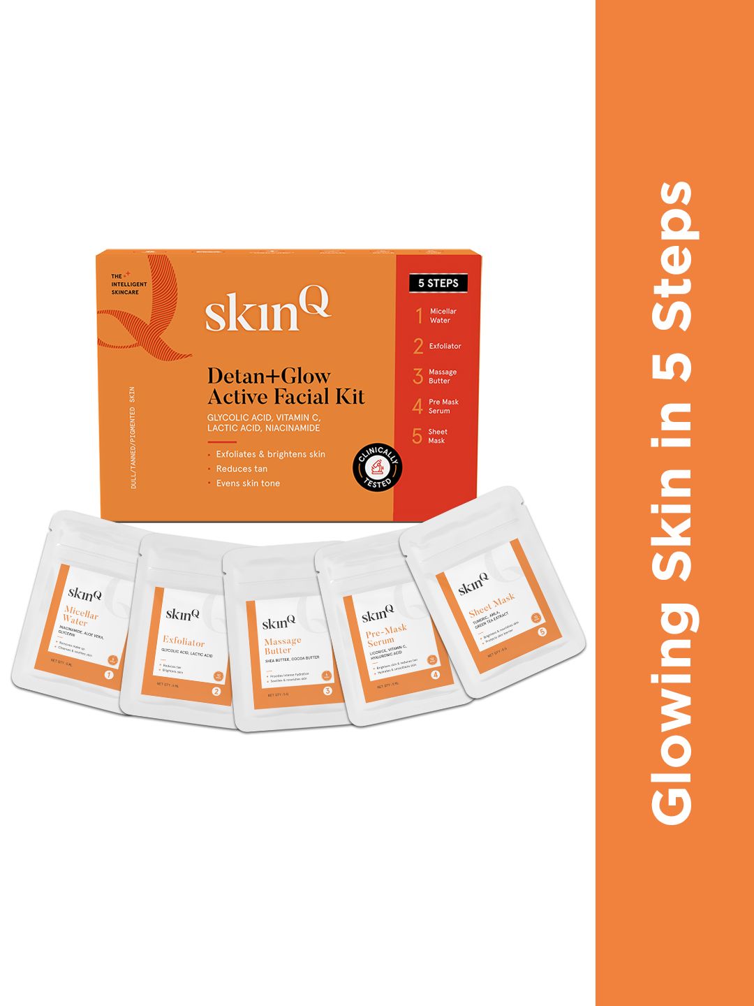SkinQ Detan Facial Kit for Glowing Skin,Tan Removal & Instant Glow with Glycolic Acid-25g