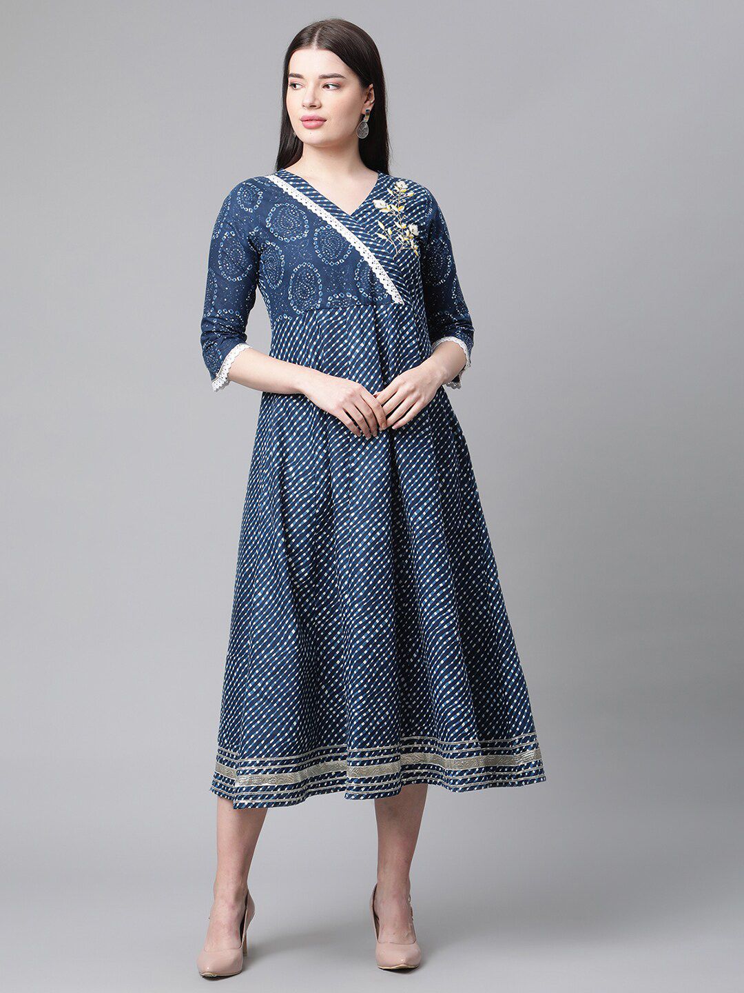 Sringam Women Blue Ethnic Motifs Cotton Midi Wrap Dress Price in India