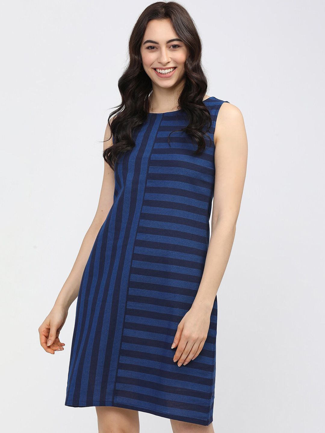 Vishudh Women Blue Striped A-Line Cotton Dress Price in India