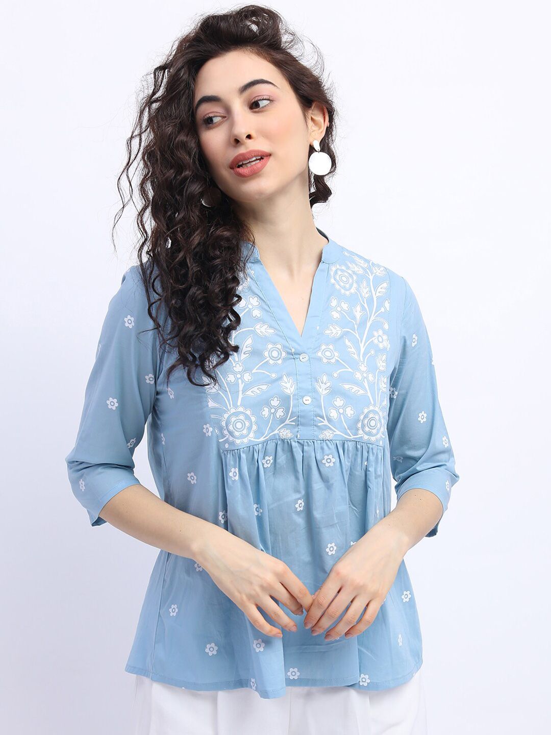 Vishudh Blue Print Mandarin Collar Top Price in India