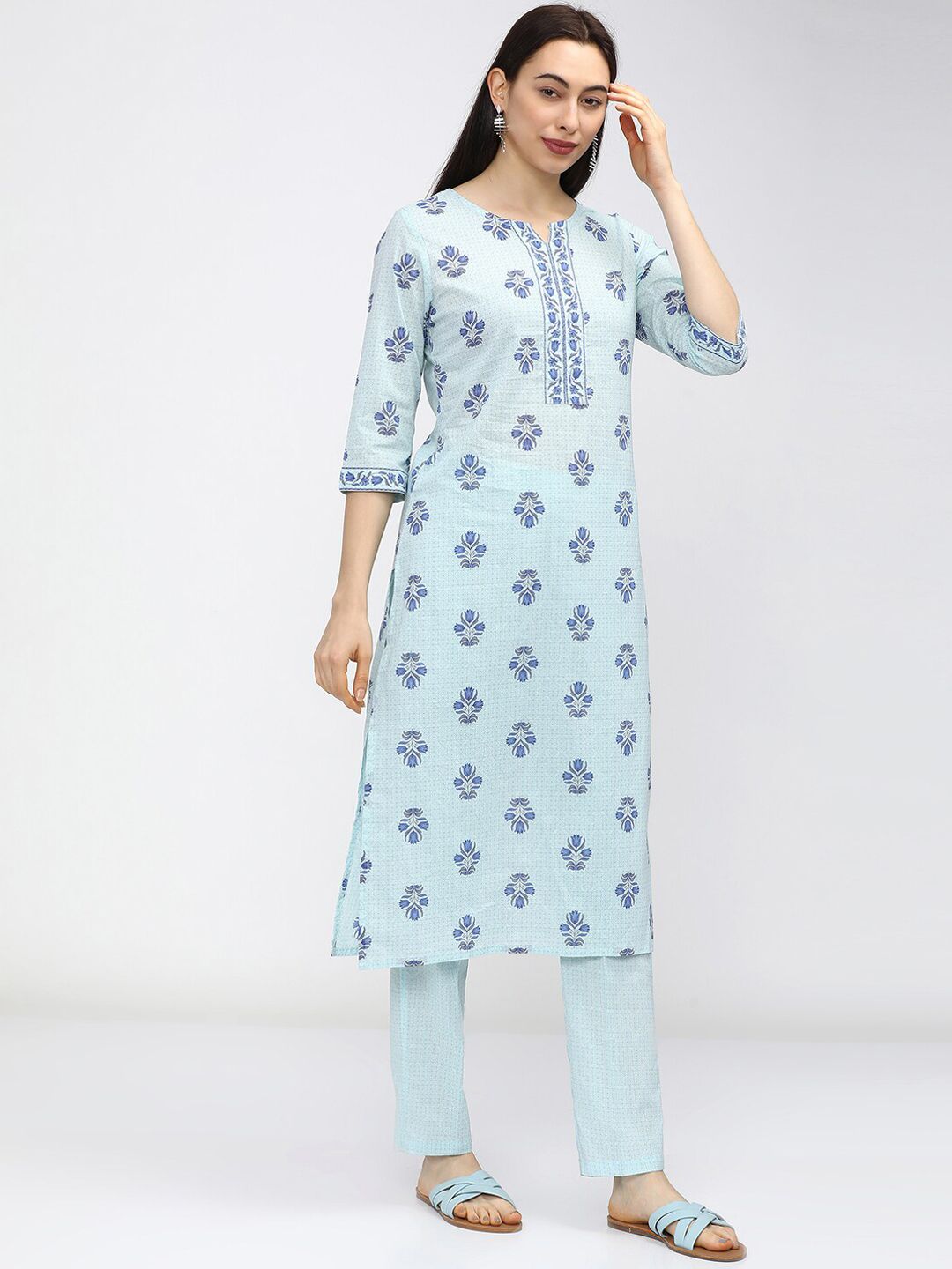 Vishudh Women Blue Printed Pure Cotton Kurta with Trousers Price in India