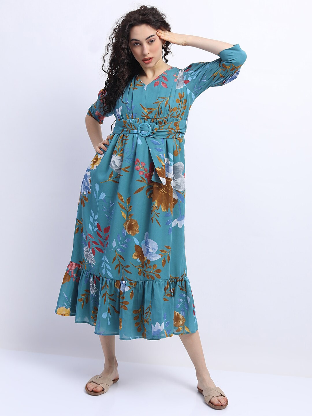 Tokyo Talkies Women Blue & Brown Floral Belted Empire Midi Dress Price in India
