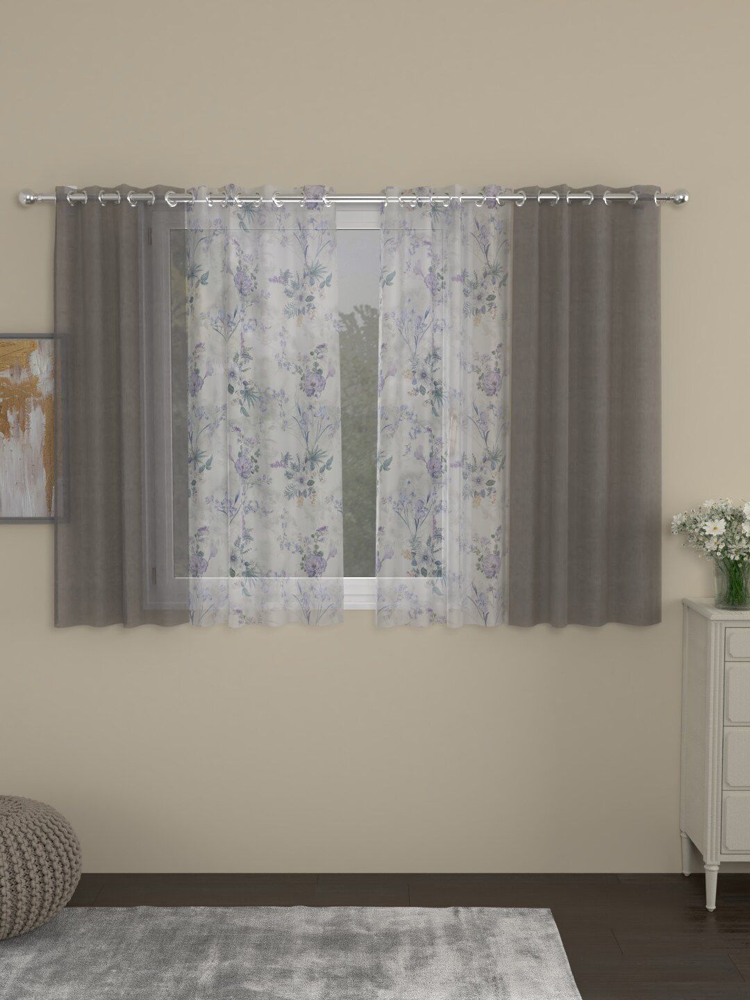 ROSARA HOME Grey & Lavender Set of 4 Solid & Floral Sheer Window Curtains Price in India