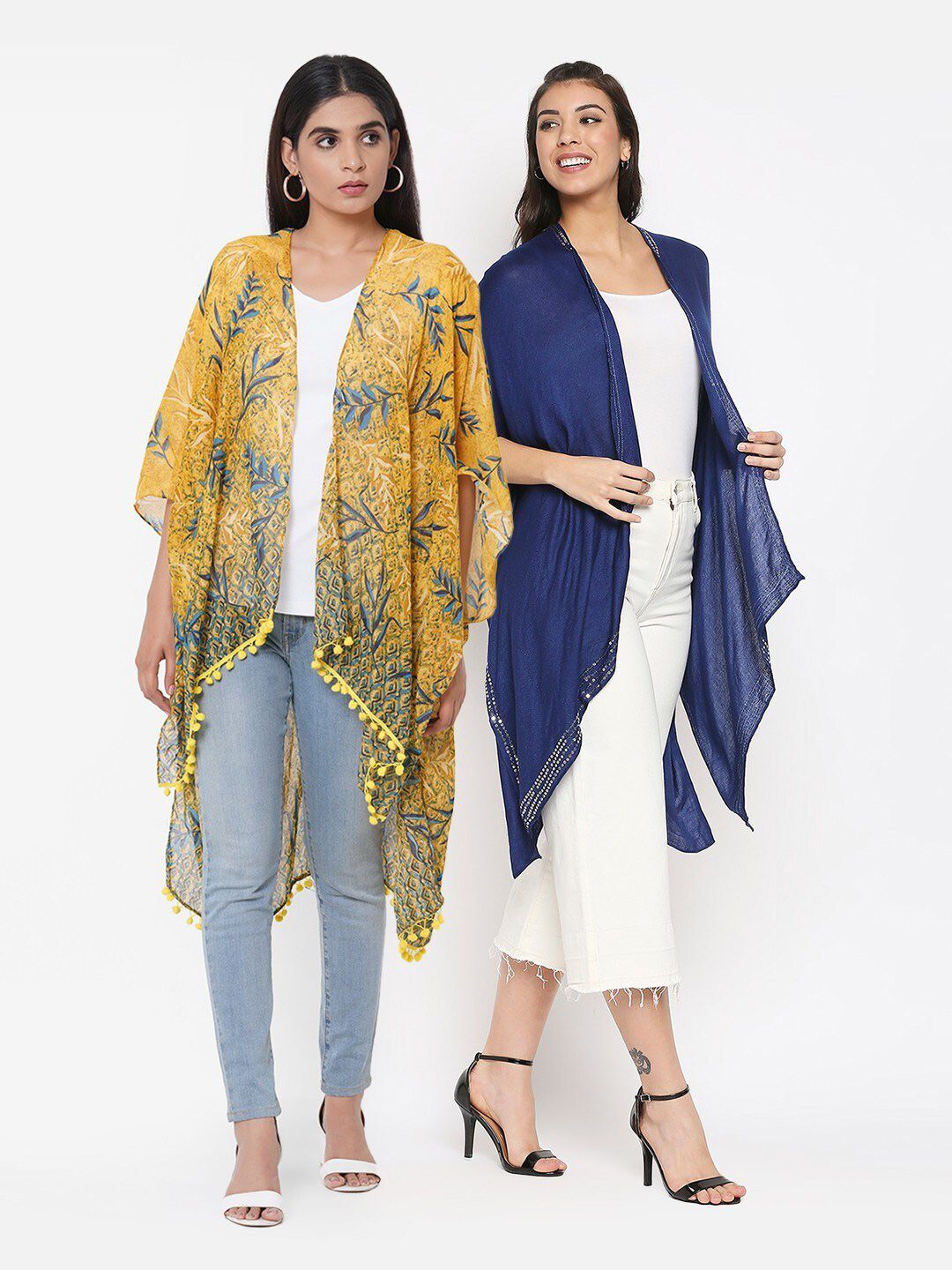 Get Wrapped  Set Of 2 Women Yellow & Blue Printed Shrug Price in India