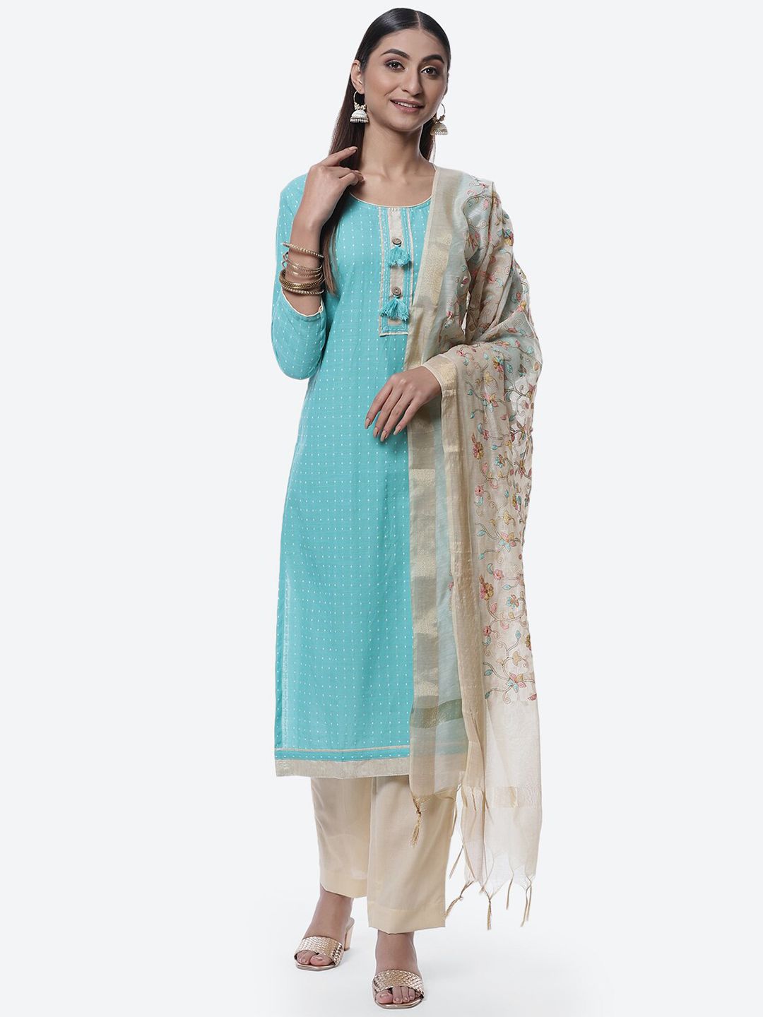 Biba Blue & Beige Pure Cotton Unstitched Dress Material Price in India