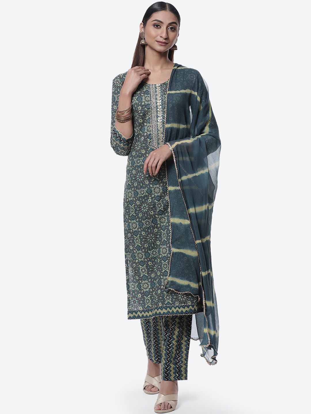 Biba Blue & Green Printed Pure Cotton Unstitched Dress Material Price in India