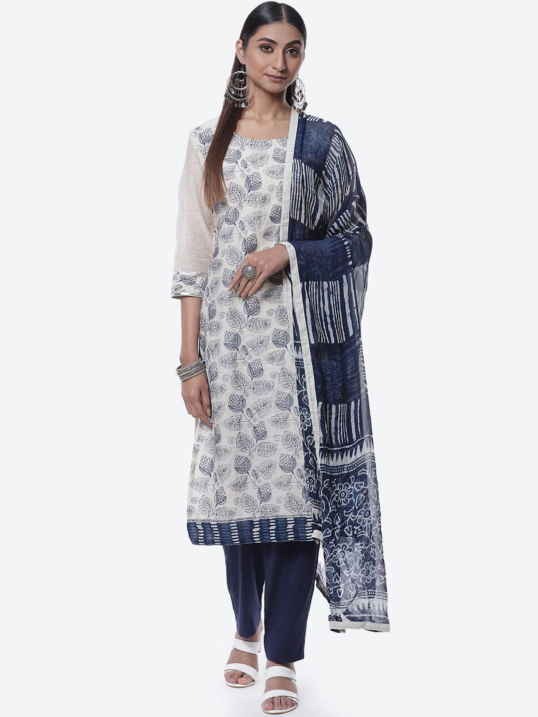 Biba Women White & Navy Blue Floral Printed Unstitched Dress Material Price in India