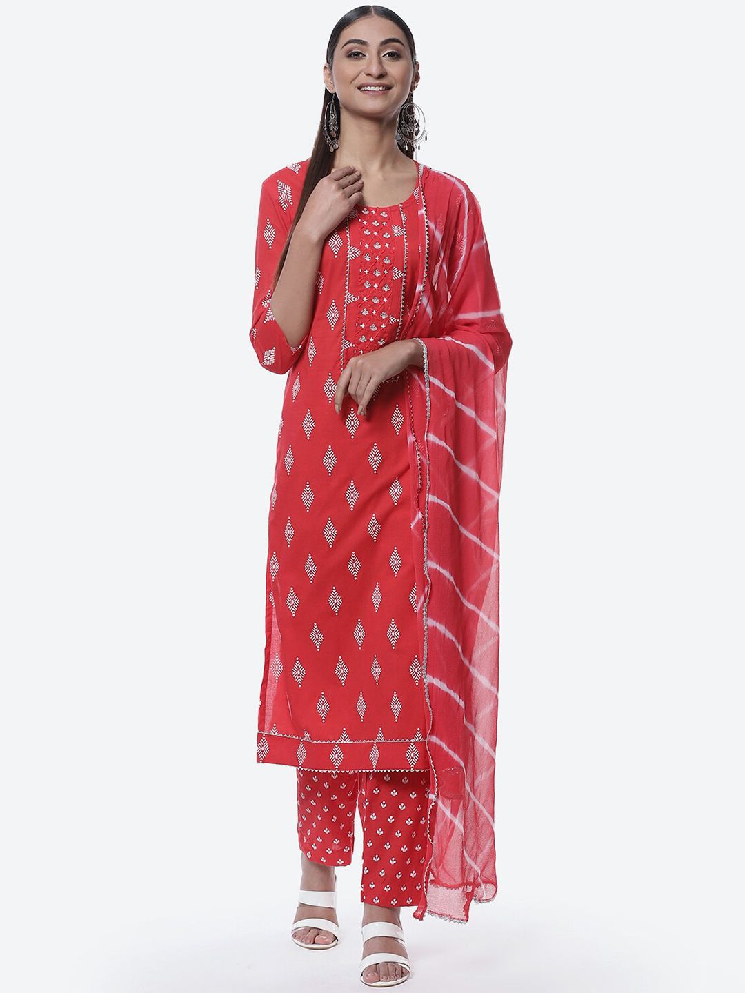 Biba Red & White Embroidered Pure Cotton Unstitched Dress Material Price in India
