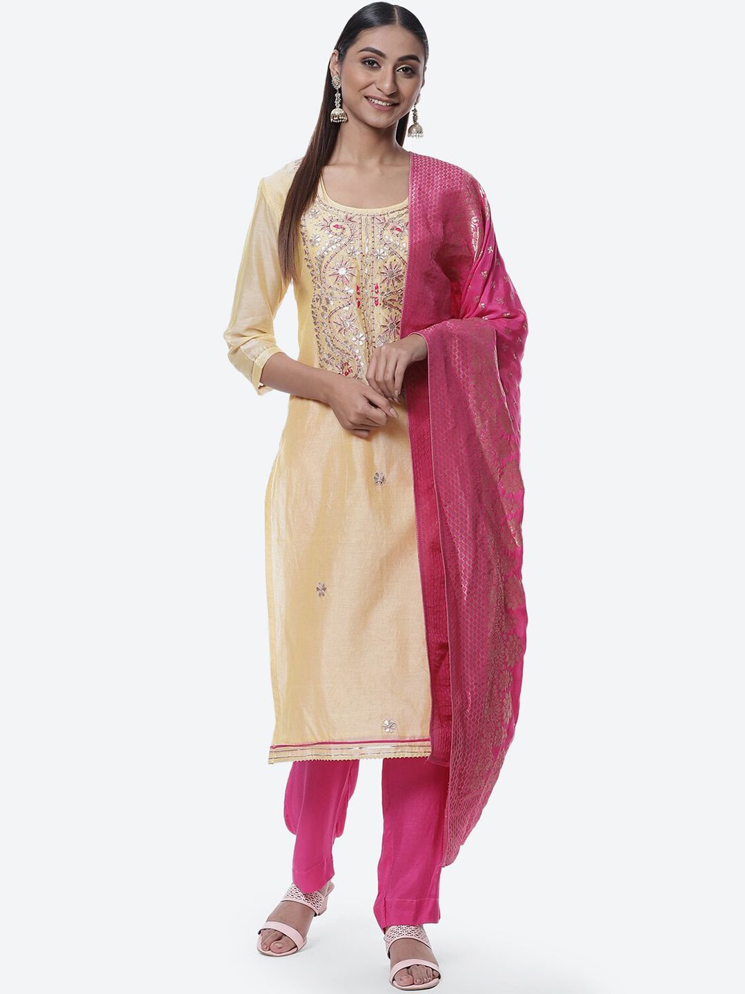 Biba Beige & Magenta Embroidered Unstitched Dress Material Price in India