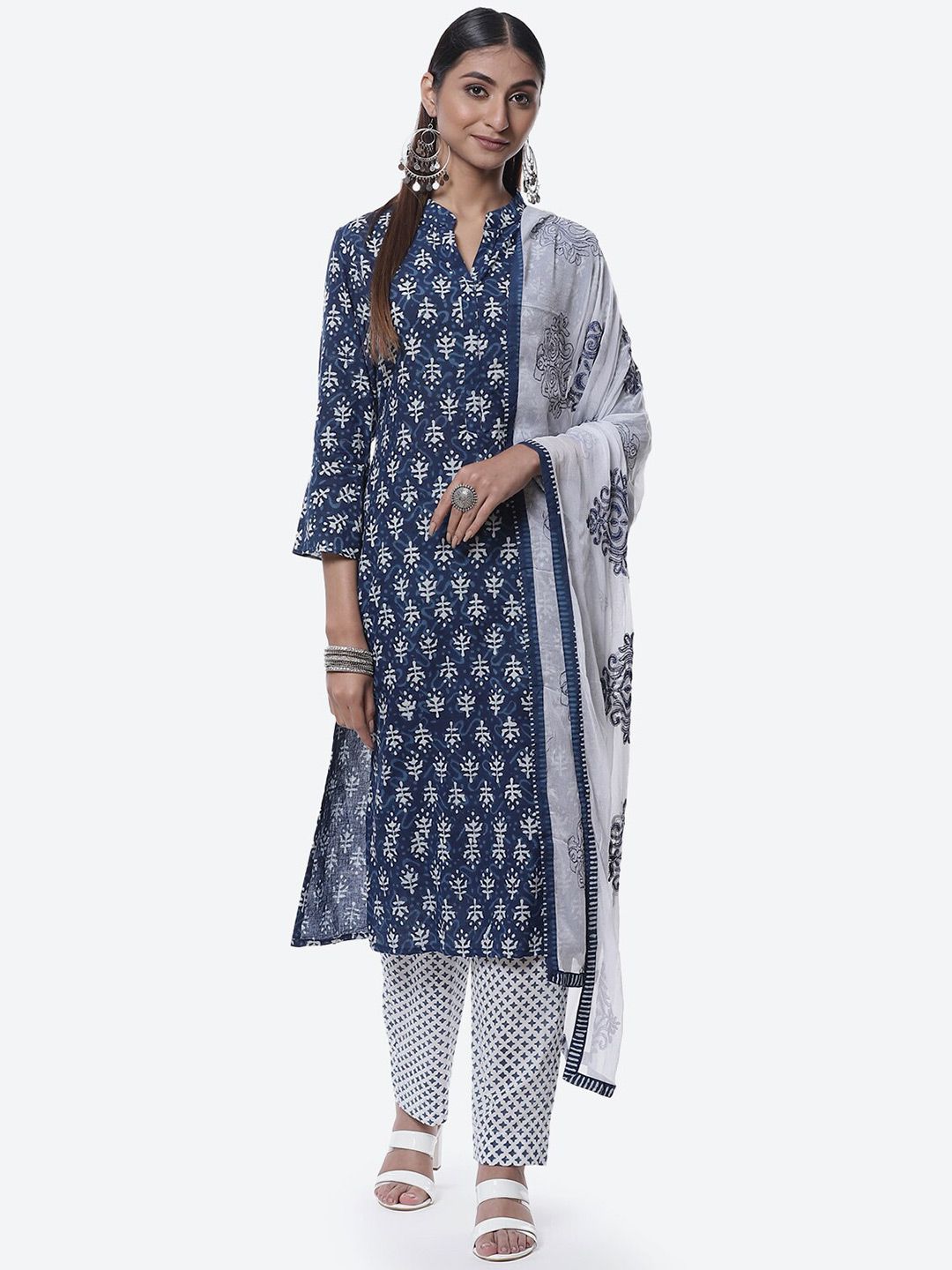 Biba Navy Blue & White Printed Pure Cotton Unstitched Dress Material Price in India