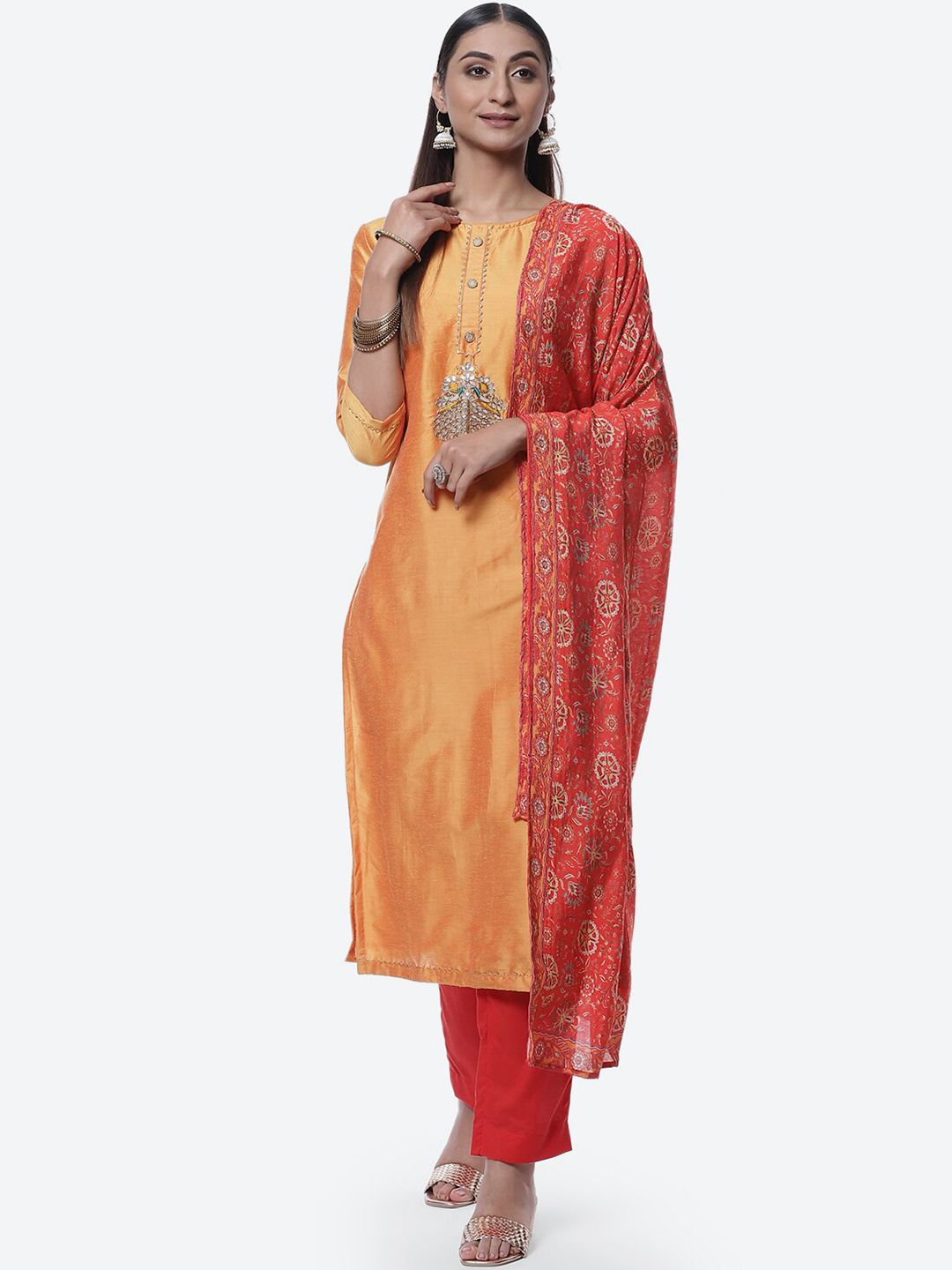 Biba Orange & Red Embroidered Unstitched Dress Material Price in India