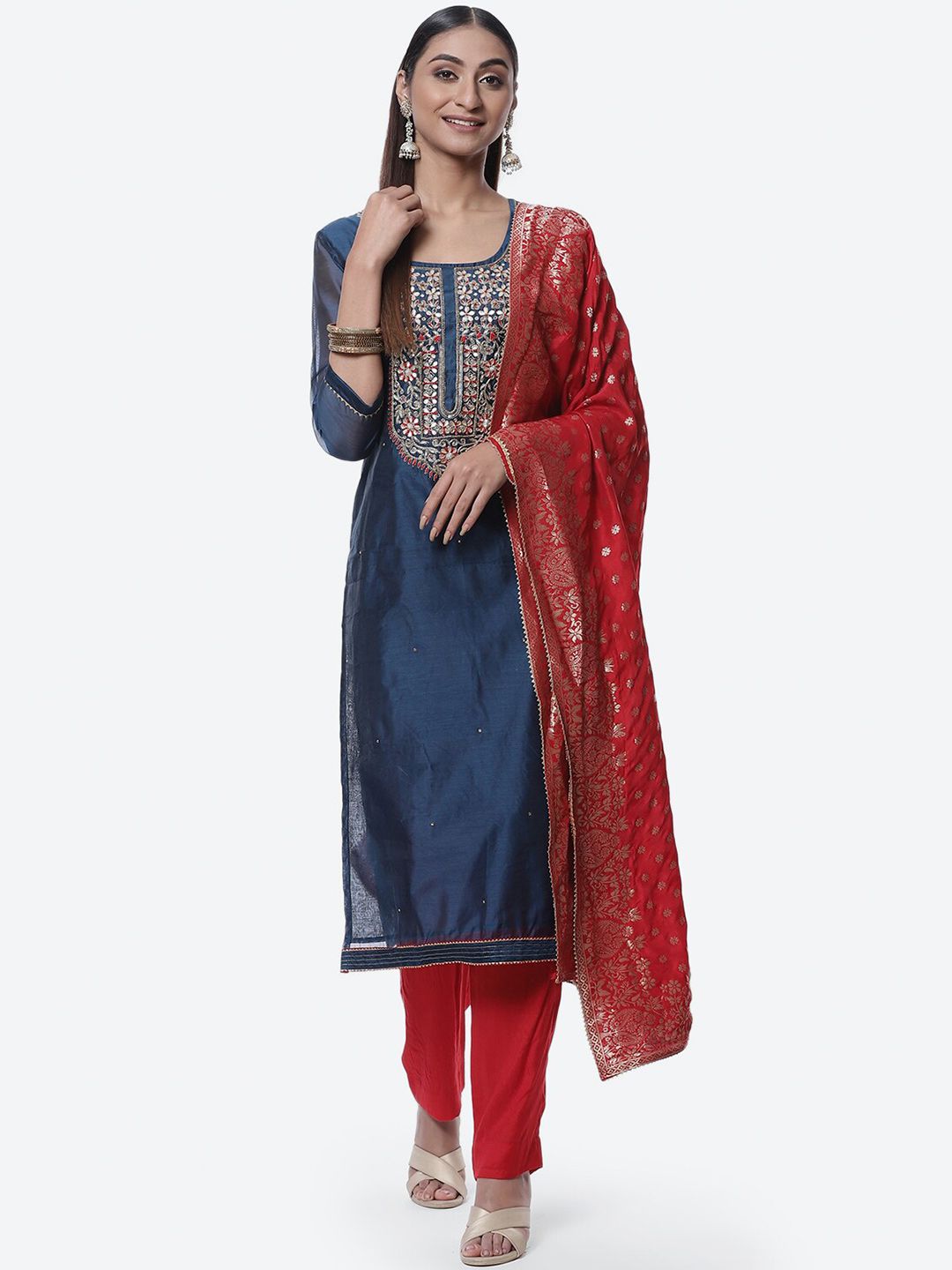 Biba Blue & Red Embroidered Unstitched Dress Material Price in India