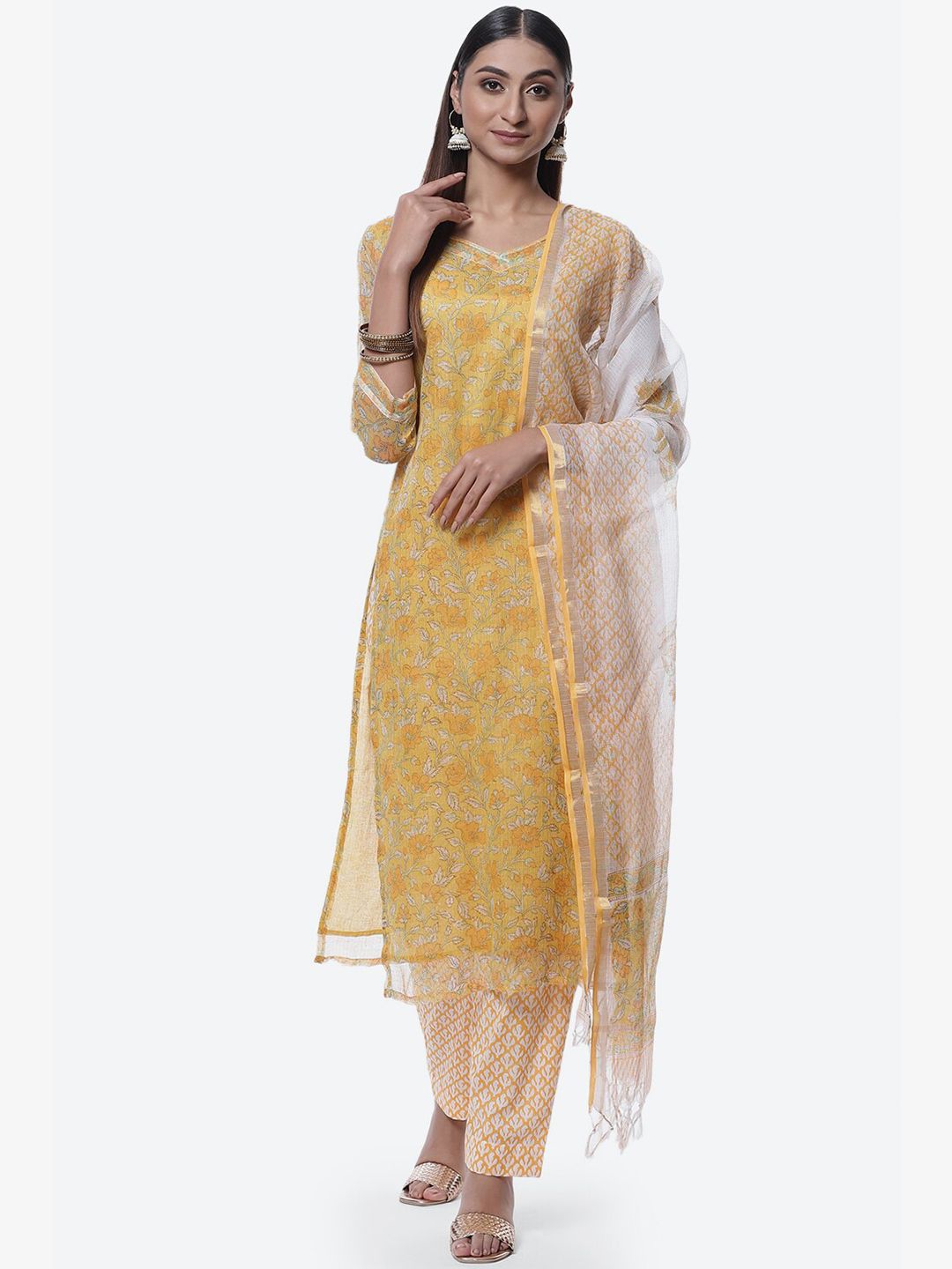 Biba Yellow & White Printed Pure Cotton Unstitched Dress Material Price in India