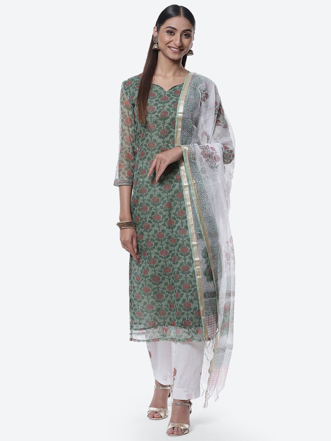 Biba Women Green & White Floral Printed Unstitched Dress Material Price in India