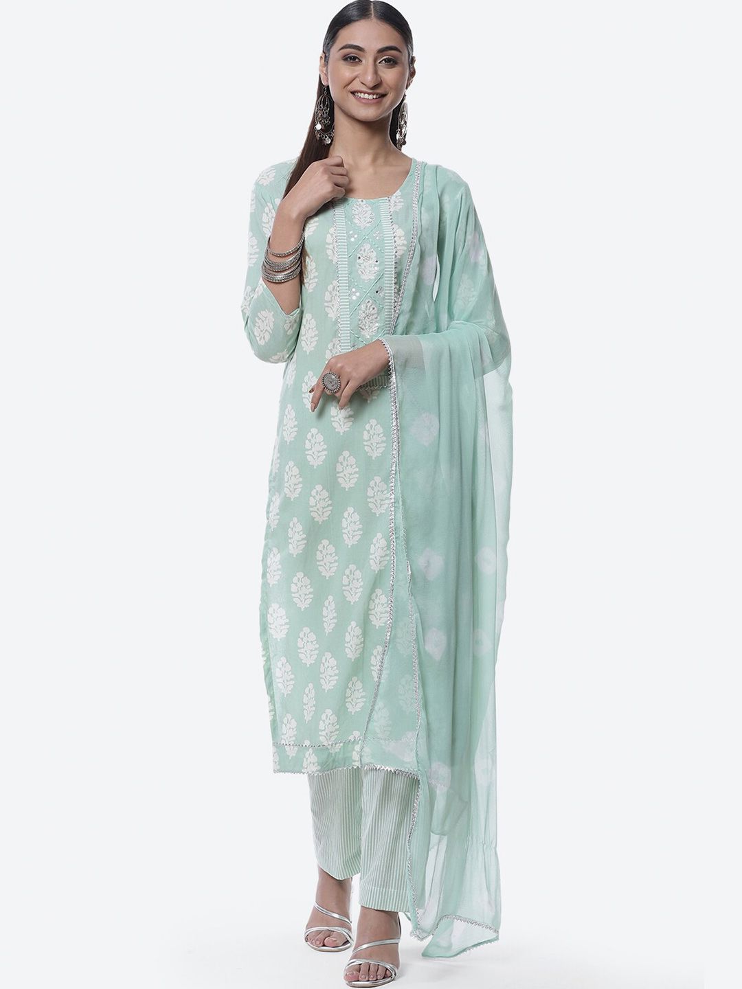 Biba Green & White Printed Pure Cotton Unstitched Dress Material Price in India