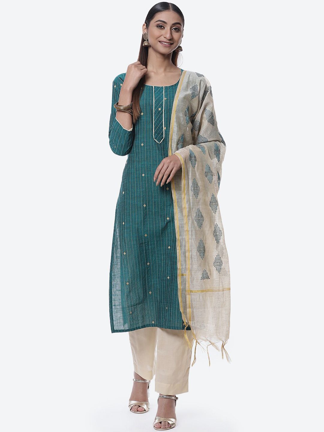 Biba Green & Off White Pure Cotton Unstitched Dress Material Price in India