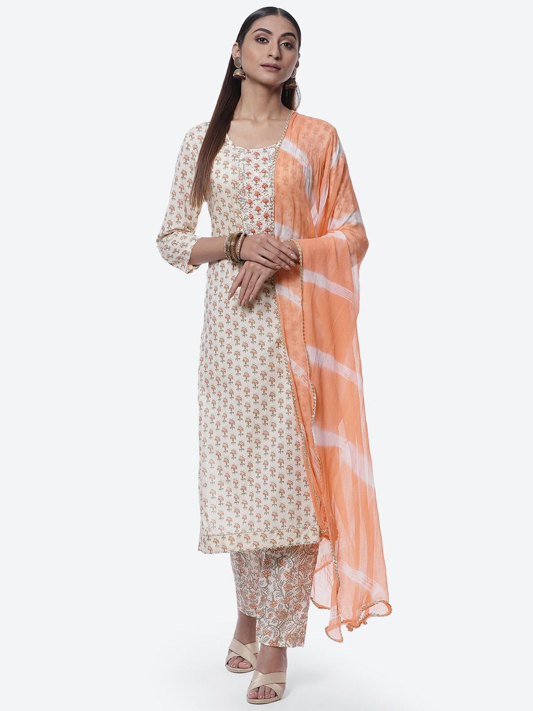 Biba Off White & Orange Printed Pure Cotton Unstitched Dress Material Price in India