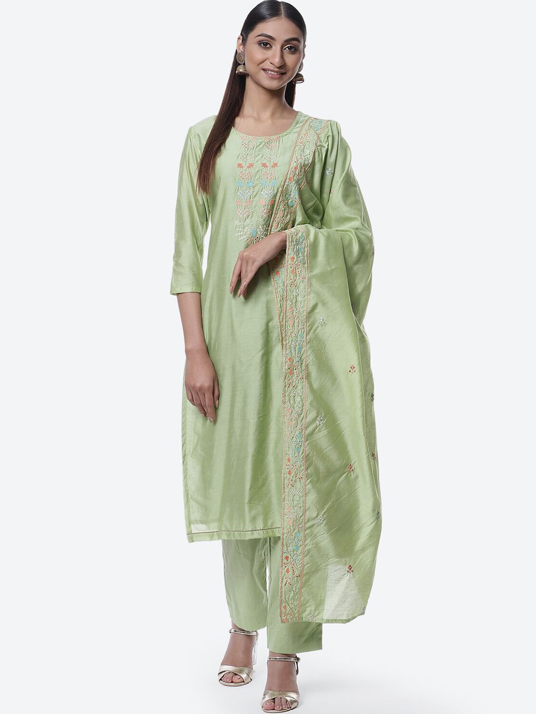 Biba Green & Coral Embroidered Unstitched Dress Material Price in India