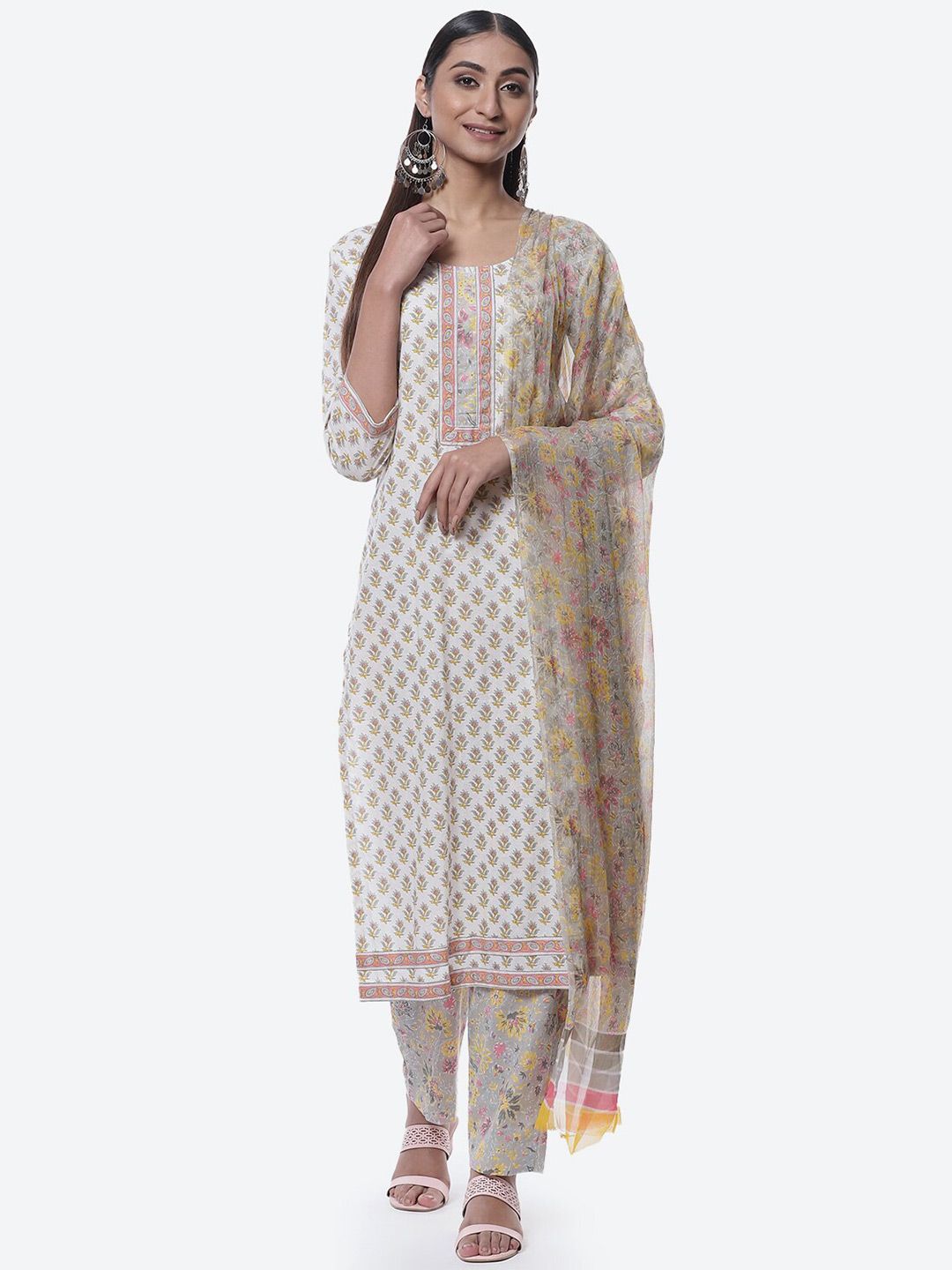 Biba Off White & Green Printed Pure Cotton Unstitched Dress Material Price in India