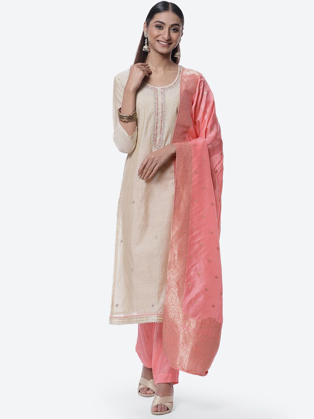 Biba Beige & Pink Embroidered Unstitched Dress Material Price in India