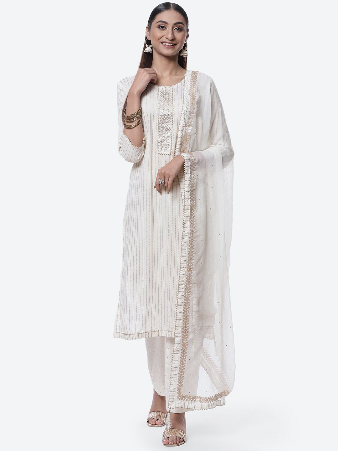 Biba Women Off White Embroidered Unstitched Dress Material Price in India