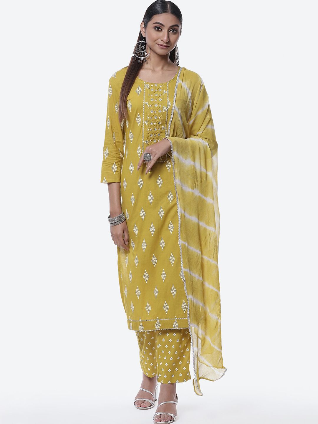 Biba Olive Green & White Printed Pure Cotton Unstitched Dress Material Price in India