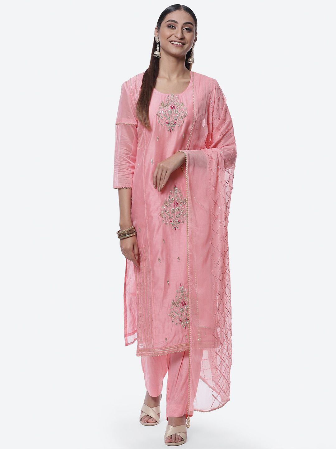 Biba Pink Embroidered Unstitched Dress Material Price in India