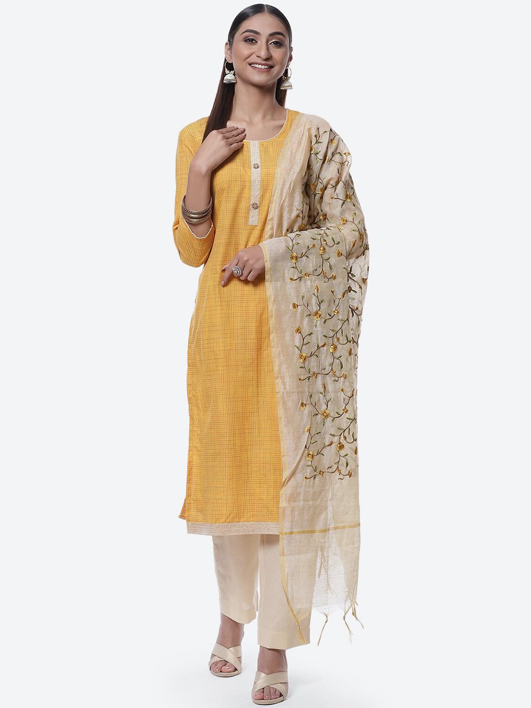 Biba Yellow & Cream-Coloured Embroidered Pure Cotton Unstitched Dress Material Price in India