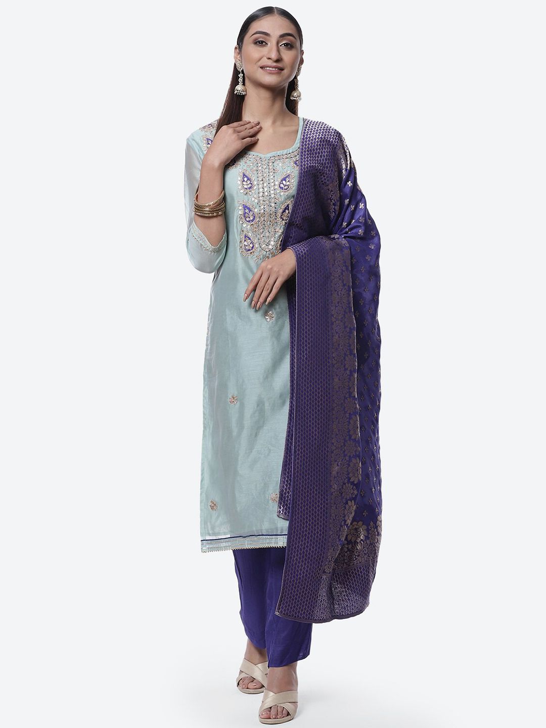 Biba Blue & Gold-Toned Embroidered Unstitched Dress Material Price in India
