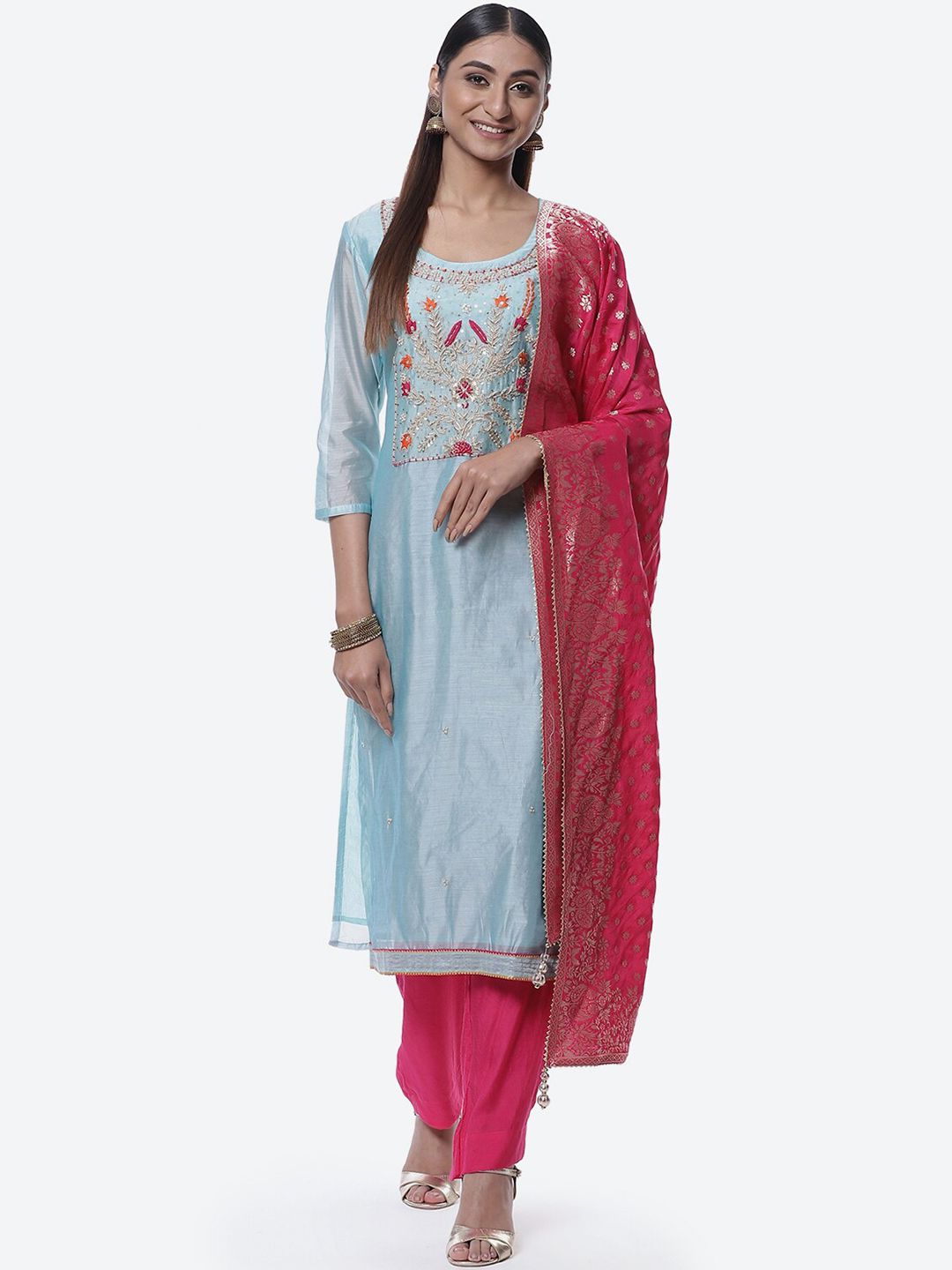 Biba Blue & Magenta Embroidered Unstitched Dress Material Price in India