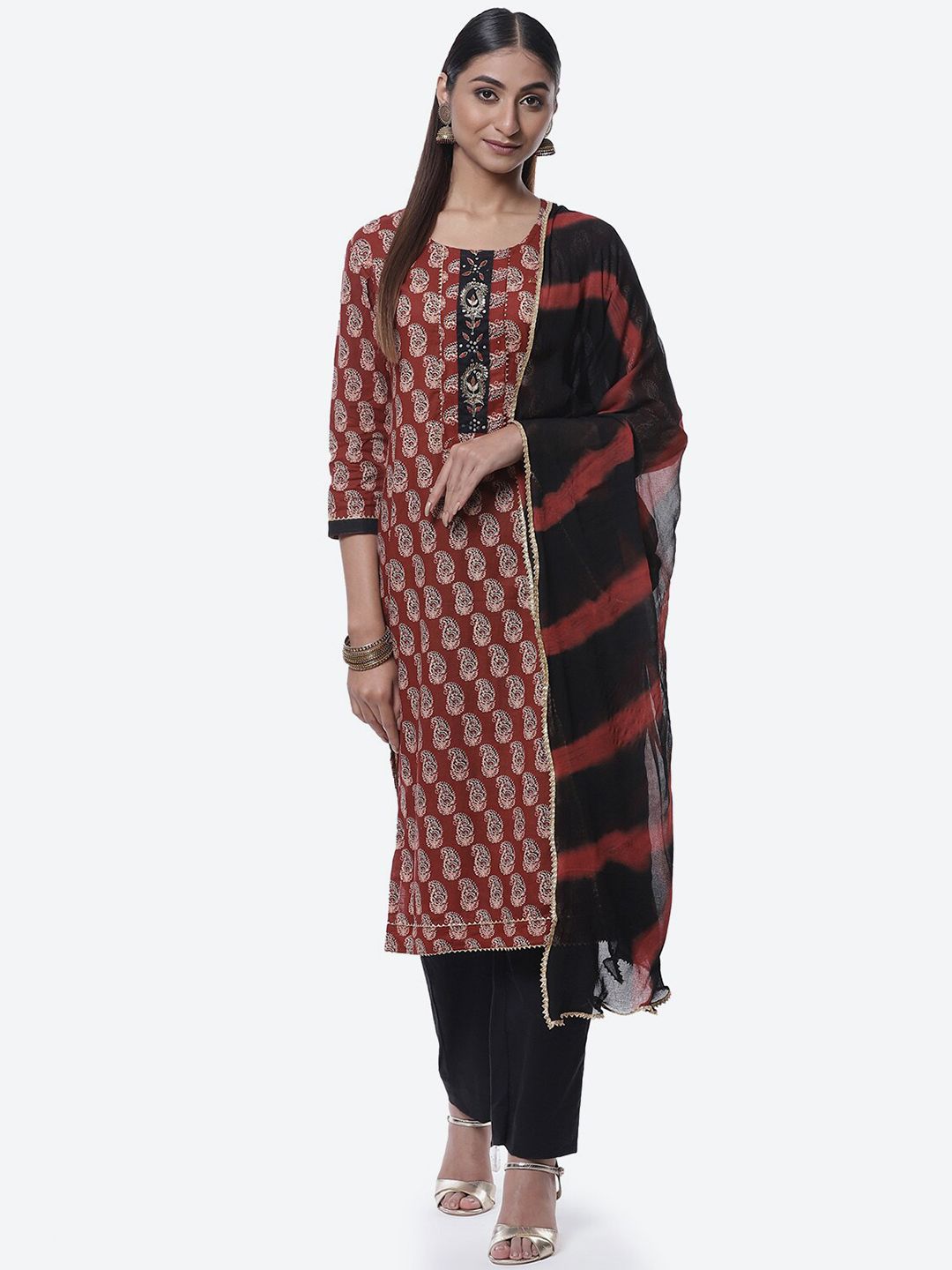 Biba Red & Black Printed Pure Cotton Unstitched Dress Material Price in India