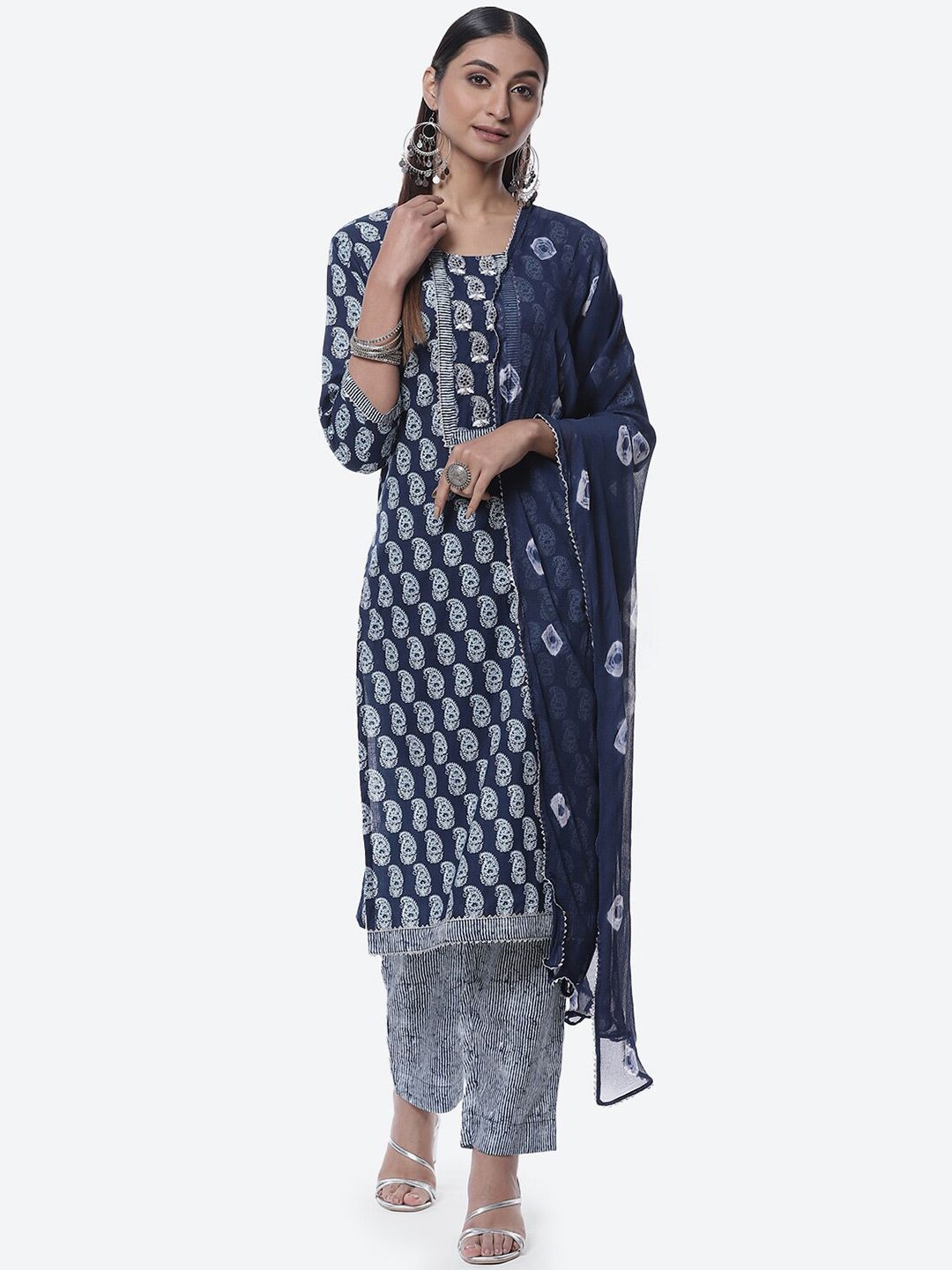 Biba Blue & White Printed Pure Cotton Unstitched Dress Material Price in India