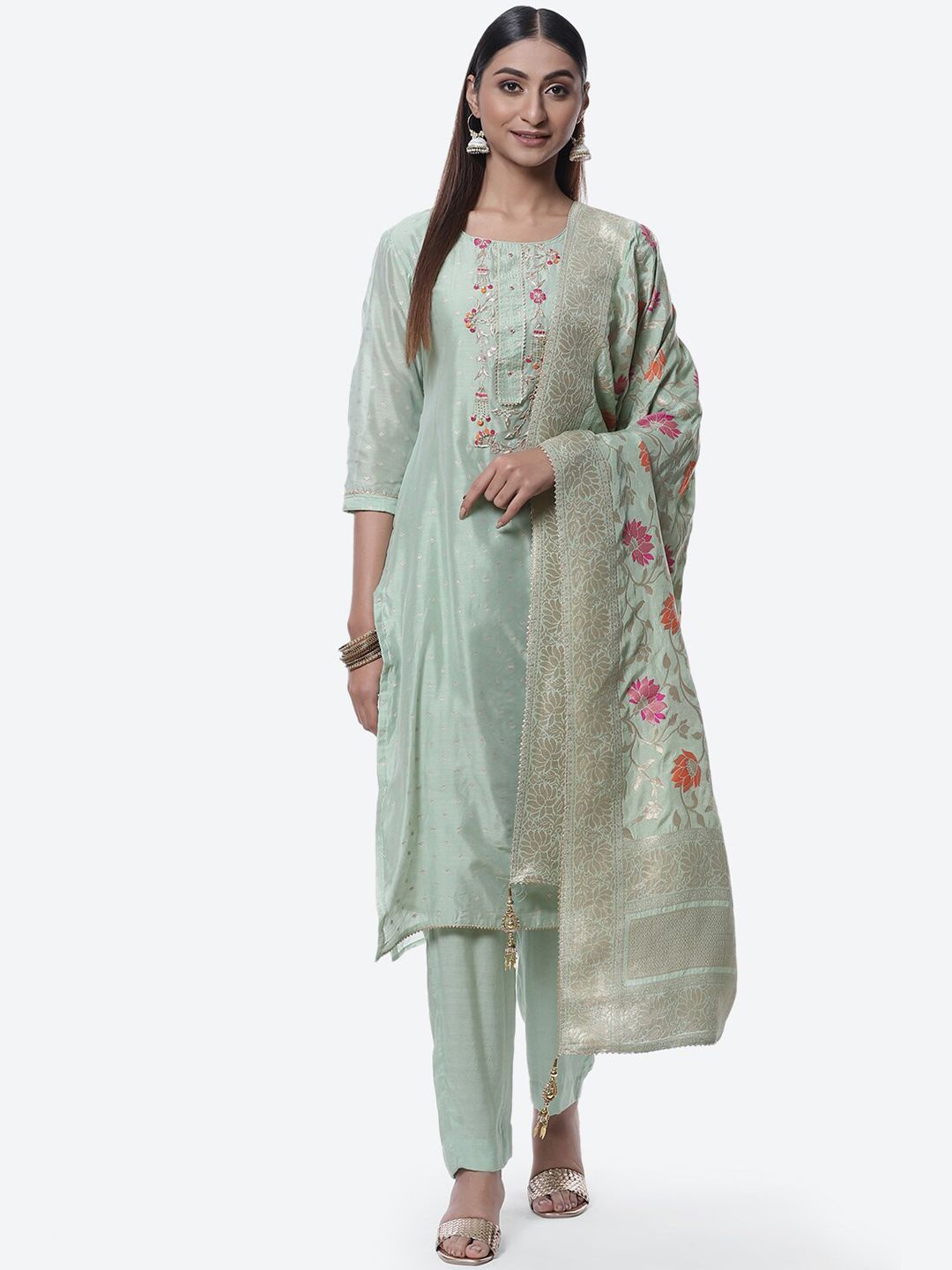 Biba Women Green Floral Embroidered Unstitched Dress Material Price in India