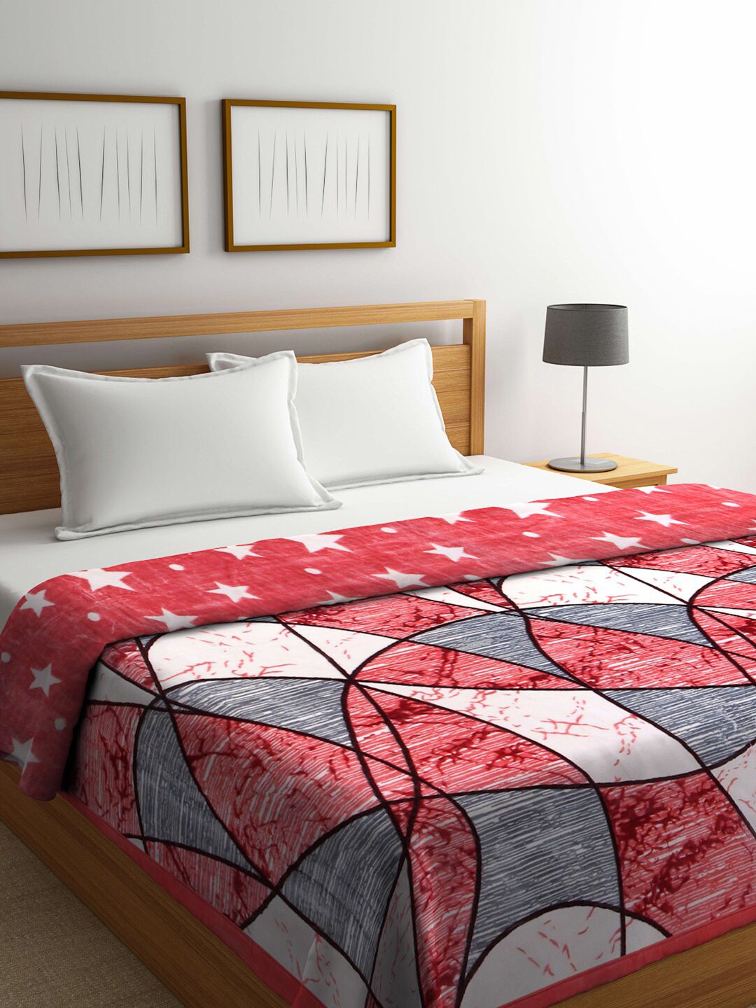 Arrabi Orange & Grey Geometric Heavy Winter Double Bed Blanket Price in India