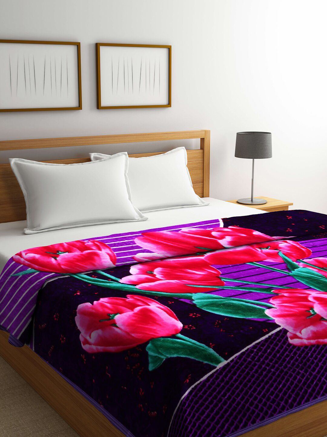 Arrabi Purple & Pink Floral Mild Winter Double Bed Blanket Price in India