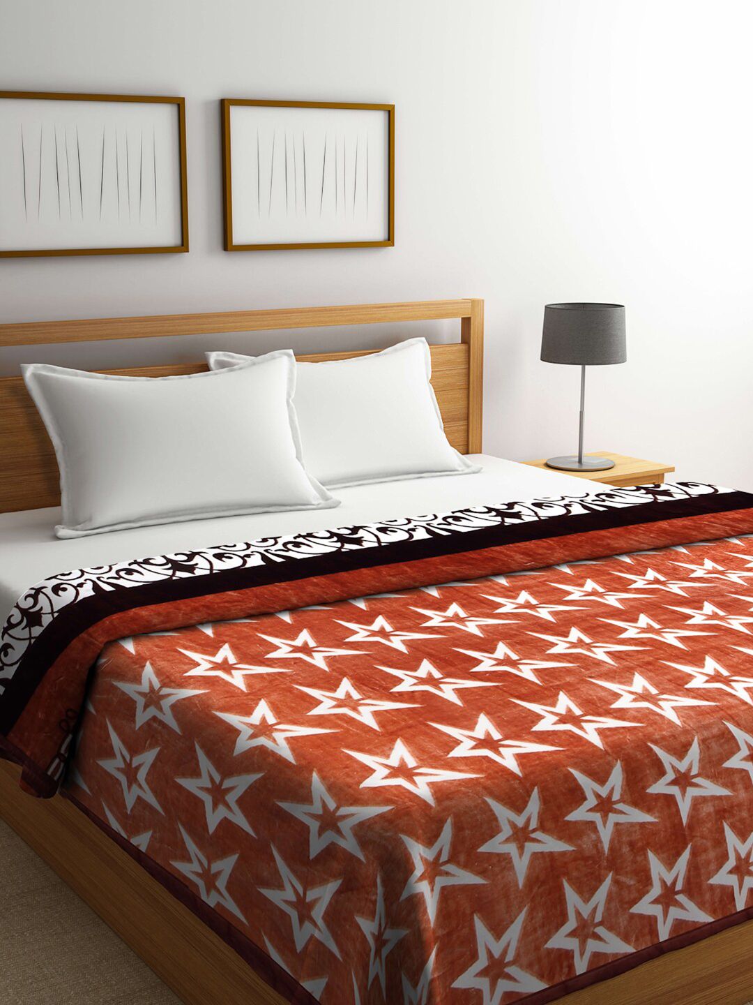 Arrabi Brown & White Geometric 1060 GSM Heavy Winter Double Bed Blanket Price in India