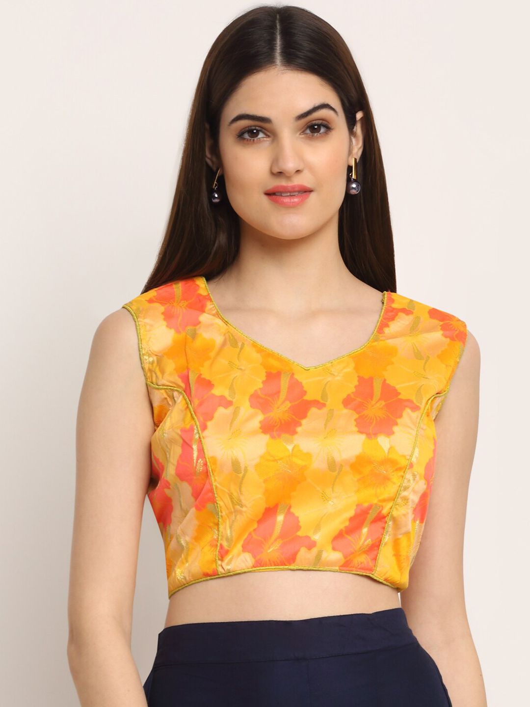 Grancy Women Yellow & Orange Printed Saree Blouse Price in India