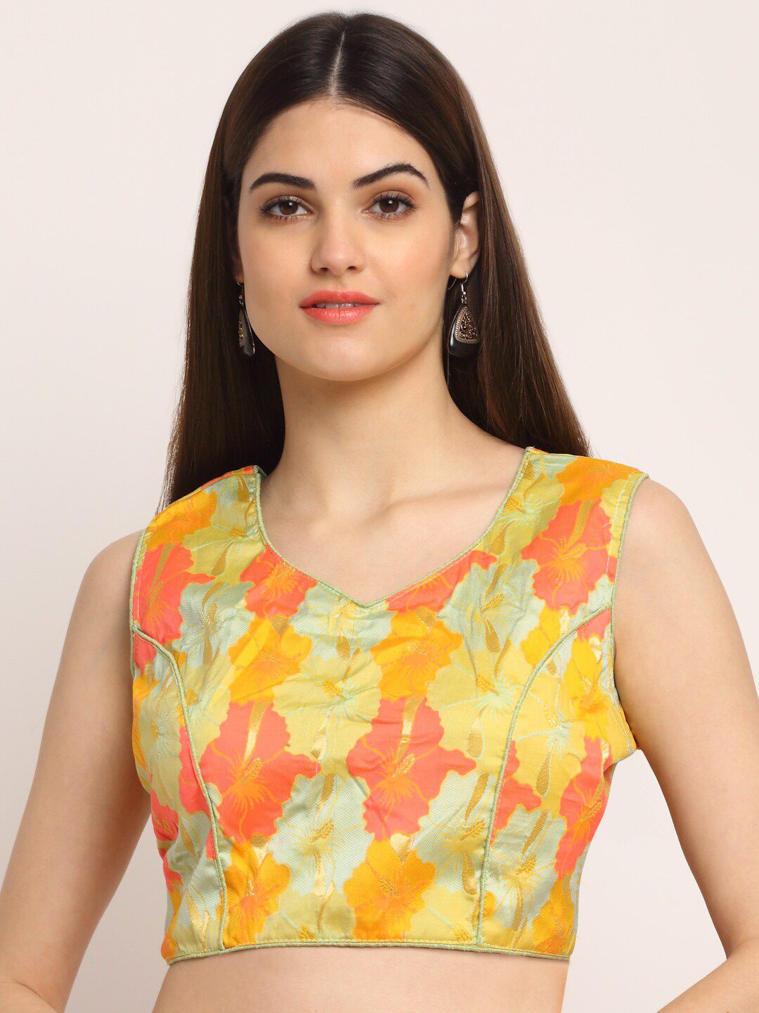 Grancy Women Yellow & Orange Printed Readymade Saree Blouse Price in India