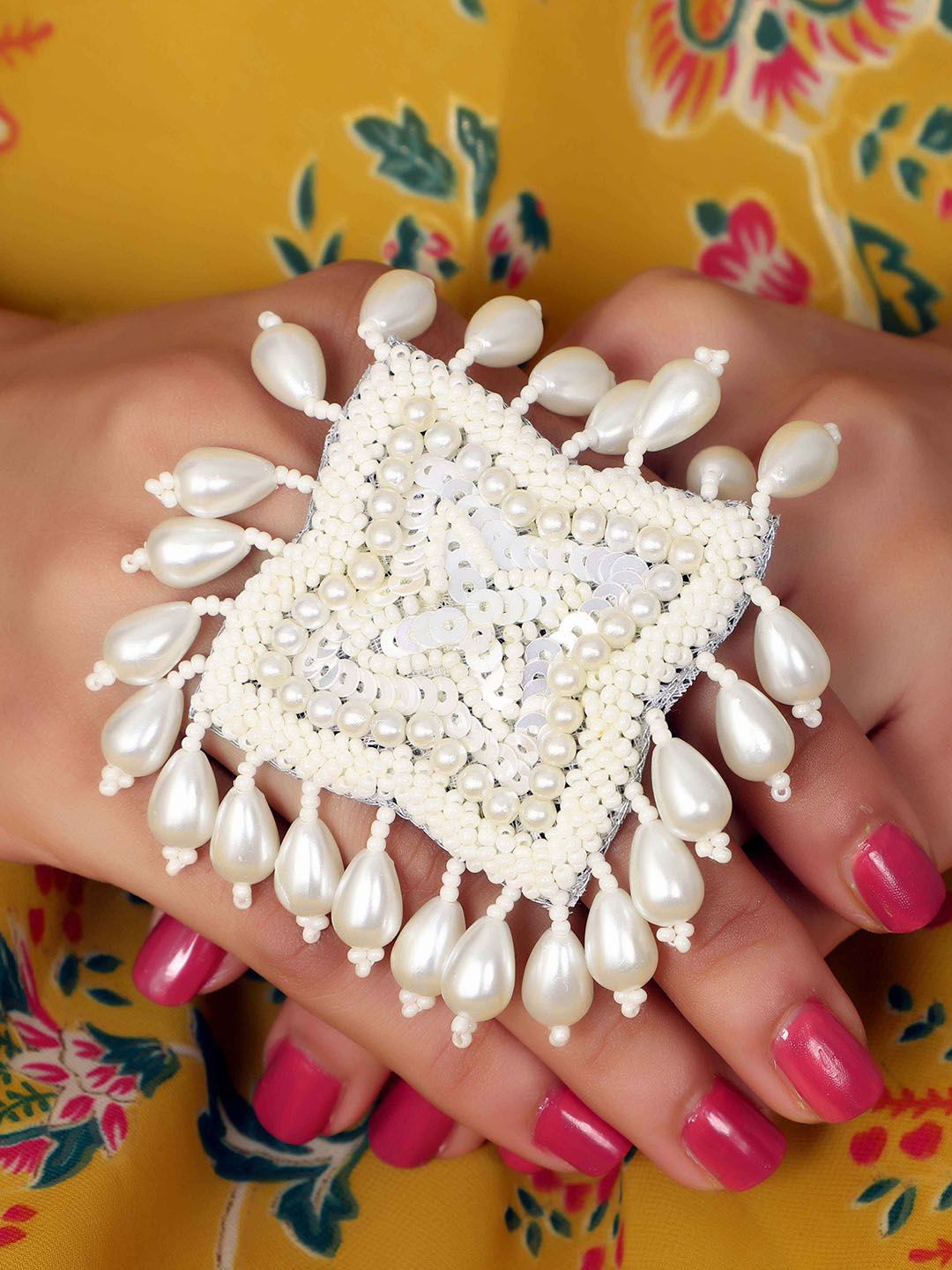 justpeachy White Studded Adjustable Finger Ring Price in India