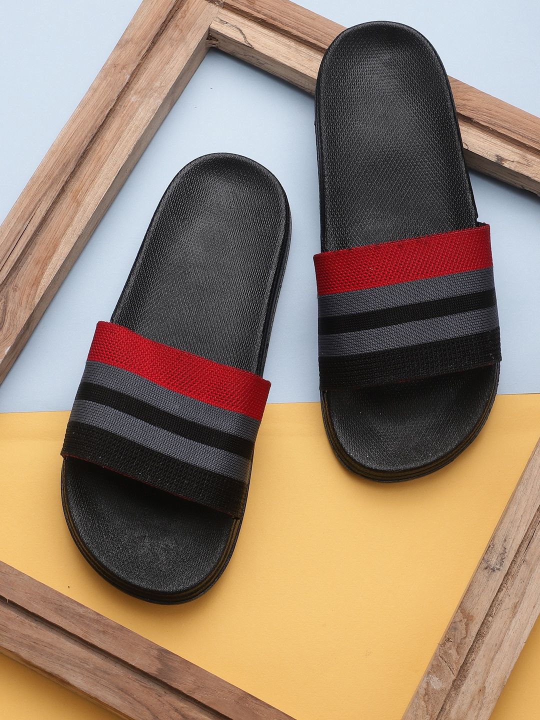 Pampy Angel Women Black & Red Striped Rubber Sliders Price in India