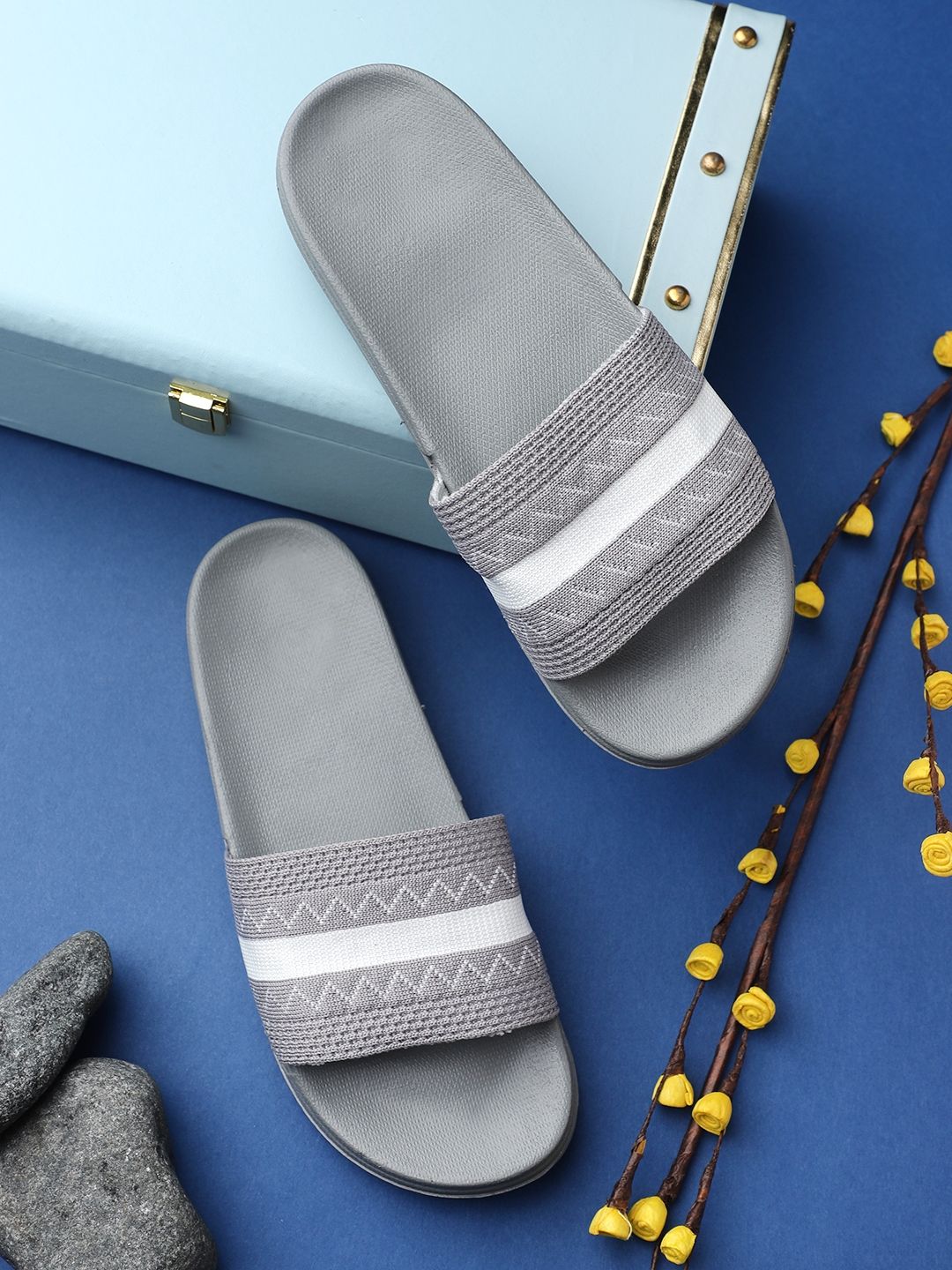 Pampy Angel Women Grey & White Printed Rubber Sliders Price in India