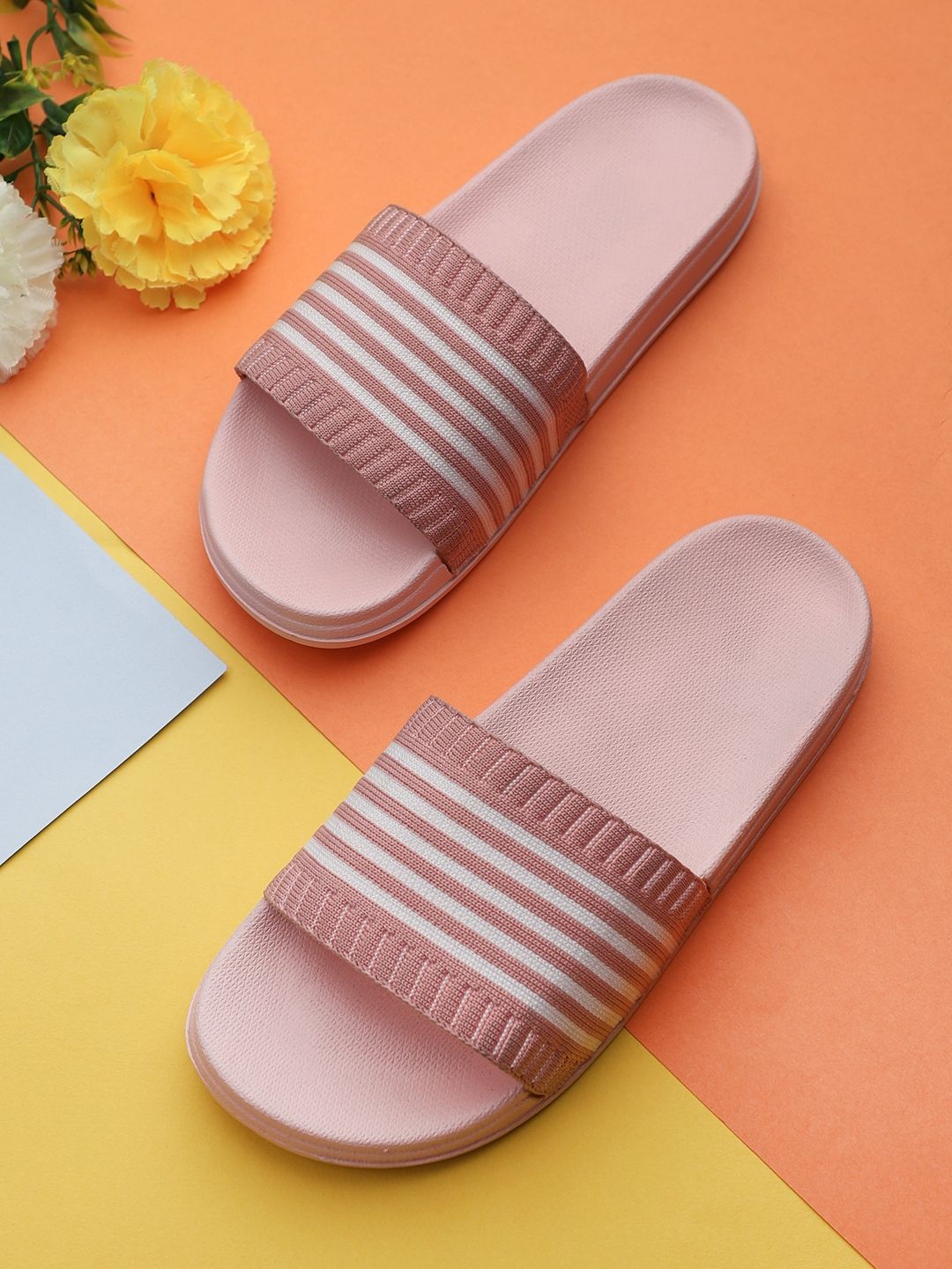 Pampy Angel Women Pink & White Striped Rubber Sliders Price in India