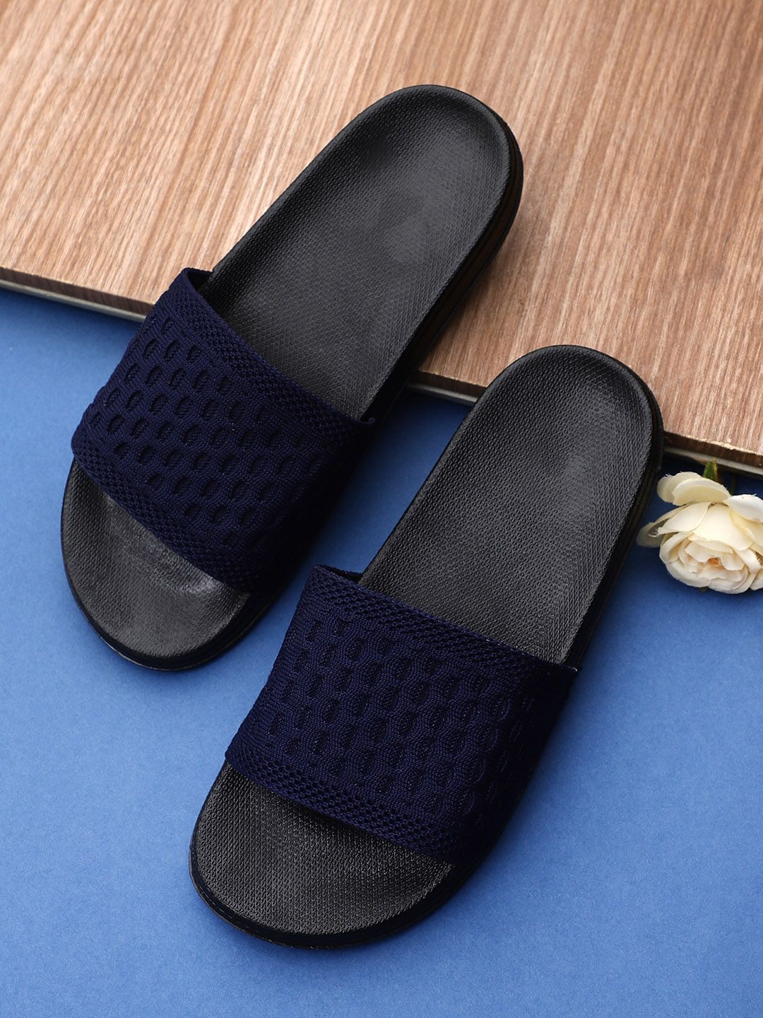 Pampy Angel Women Blue & Black Rubber Sliders Price in India