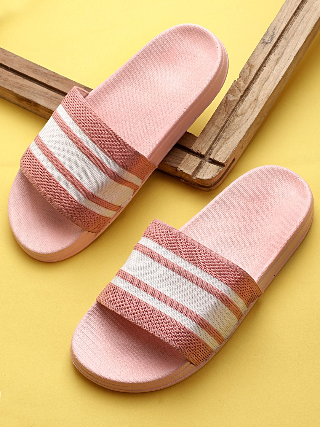 Pampy Angel Women Pink & White Striped Rubber Sliders Price in India