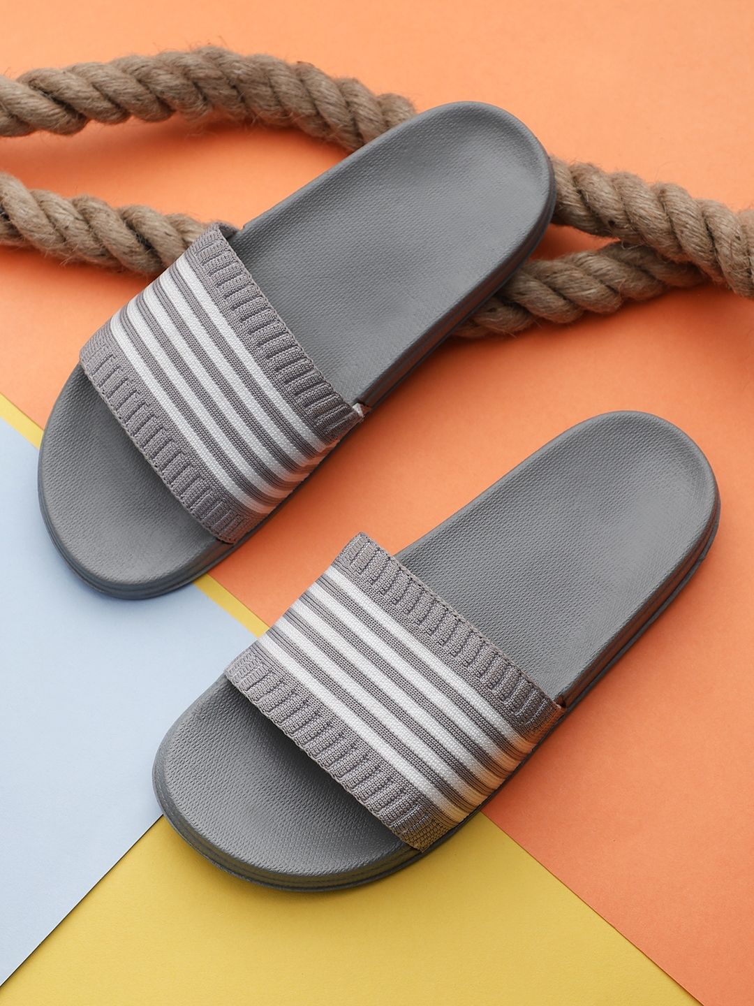 Pampy Angel Women Grey & White Striped Rubber Sliders Price in India