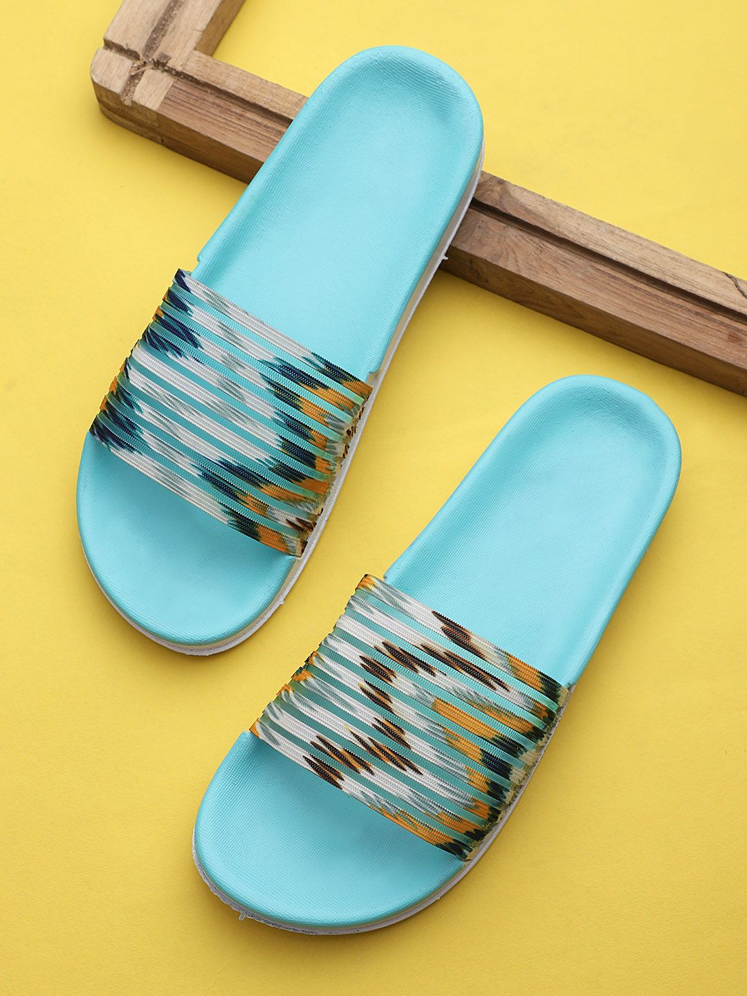 Pampy Angel Women Blue & White Striped Rubber Sliders Price in India