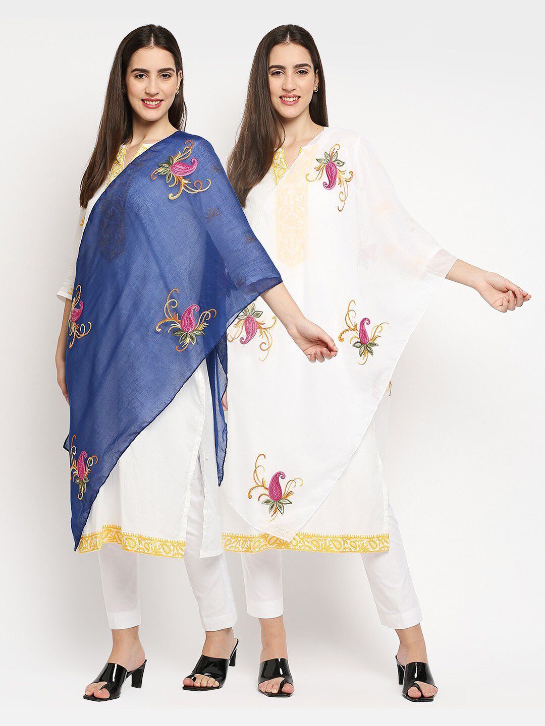 Get Wrapped Pack Of 2 Blue & White Floral Embroidered Scarves Price in India